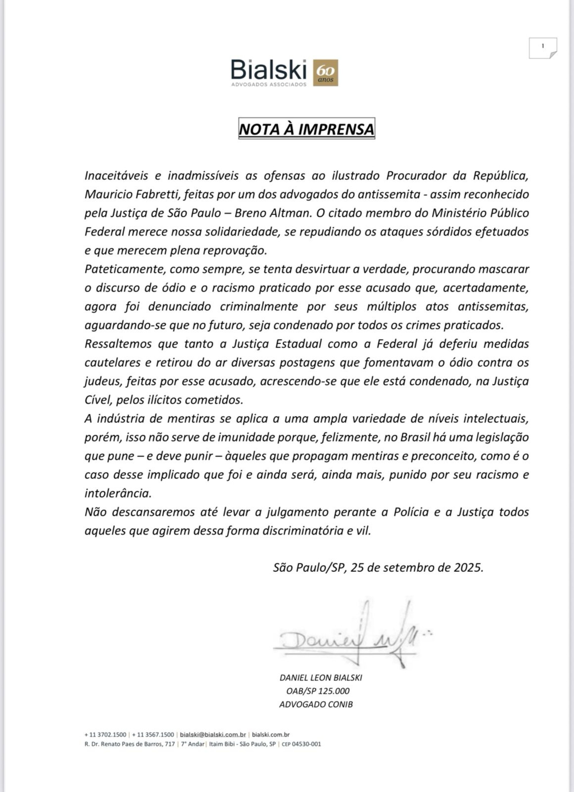 Advogado reage contra ofensas ao Procurador da República Mauricio Fabretti Advogado reage contra ofensas ao Procurador da República Mauricio Fabretti - Fundada em 1948, a CONIB – Confederação Israelita do Brasil é o órgão de representação e coordenação política da comunidade judaica brasileira.